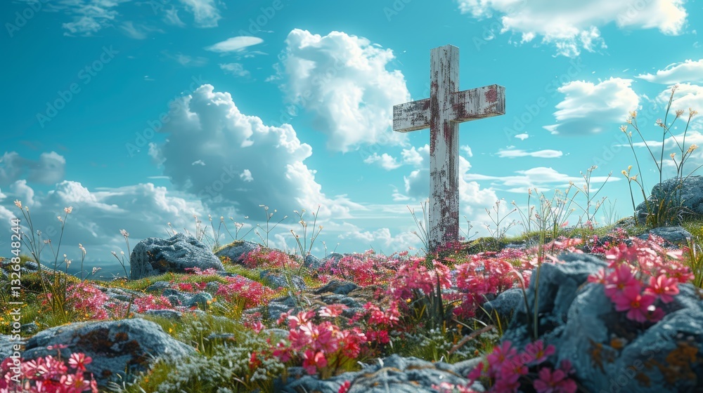 Poster minimalistic illustration of a cross in a serene meadow landscape with clean lines and empty space