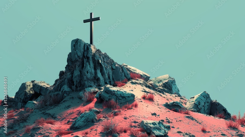 Poster minimalistic illustration of a cross on top of a rock with copyspace and clean lines in a simple com