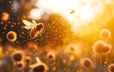 Detailed closeup of pollen particles being carried through a field, illustrating their role as allergy triggers and the significance of disease management practices