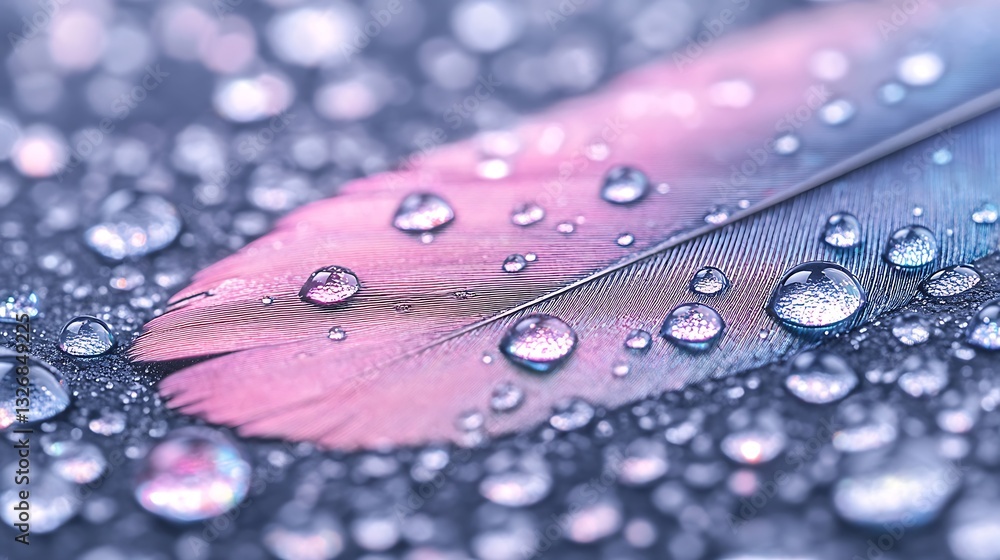 Poster a close-up of a colorful feather with droplets of water on a soft background.