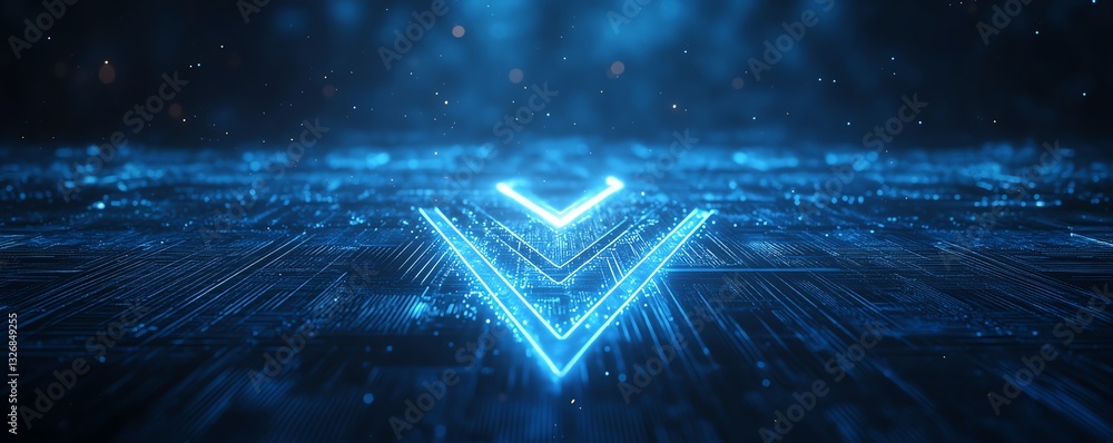 Poster abstract blue arrow glowing with illuminated lines and grid on a dark blue background, representing 