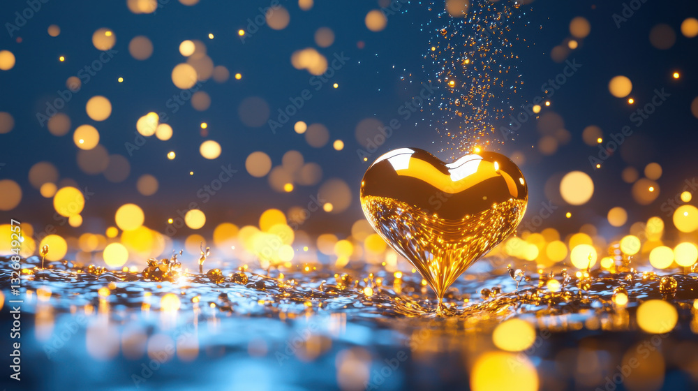 Poster golden heart shape splashes into water, creating mesmerizing scene filled with sparkling droplets an