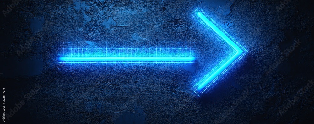 Poster abstract blue arrow glowing with illuminated lines and grid on a dark blue background, representing 