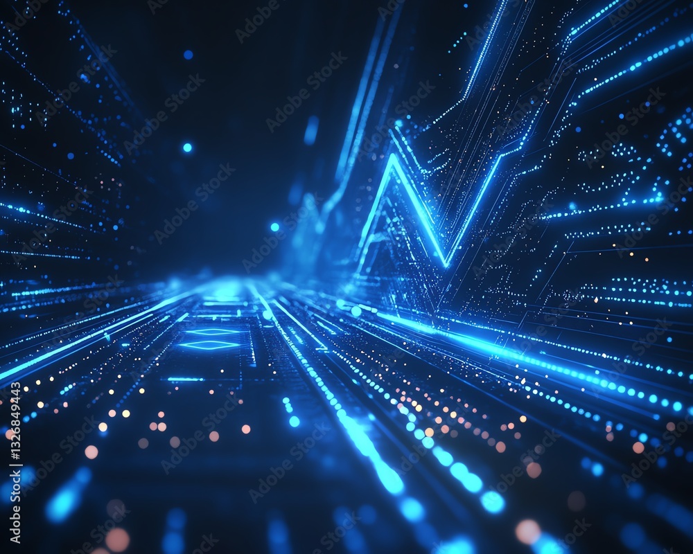Poster abstract blue glowing arrow with lighting effects, illuminated lines, and a grid pattern on a deep b