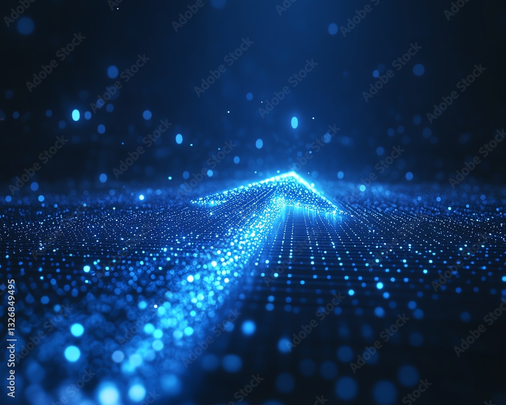 Poster abstract blue glowing arrow with lighting effects, illuminated lines, and a grid pattern on a deep b