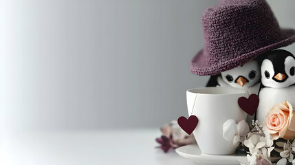 A still life depicts penguins with hearts and a teacup