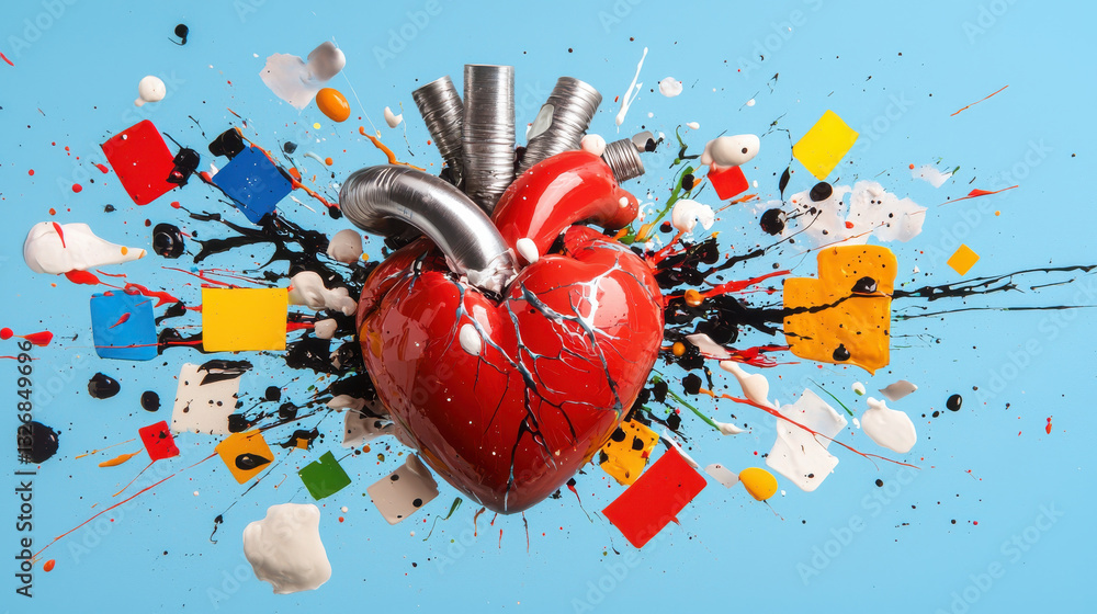 Poster vibrant abstract painting of heart with metallic elements, surrounded by colorful splashes and shape