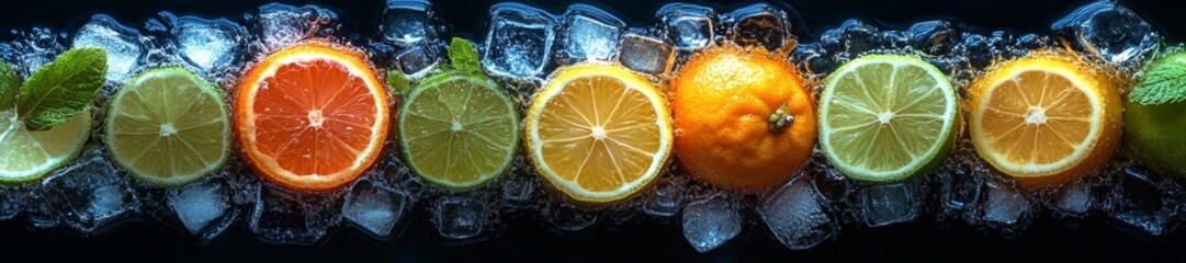 Vibrant Fruits with Ice Cubes and Refreshing Water Droplets on Black Background. Generative AI