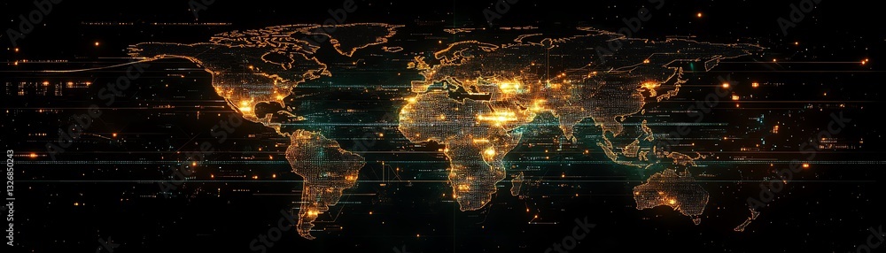 Aufkleber futuristic global data transmission network, with illuminated world map, interconnected nodes, and d