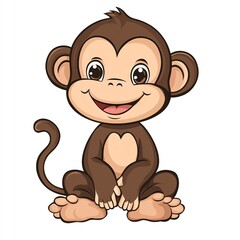 Fototapeta premium Adorable cartoon monkey, sitting and smiling joyfully, against a plain white background. A cheerful primate illustration.