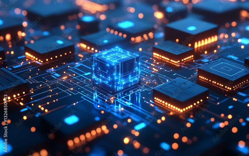 Poster abstract hightech background with interconnected digital circuits and glowing blue components, repre