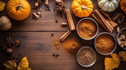Fototapeta premium A rustic kitchen table covered in pumpkin spice ingredients, cinnamon sticks, and nutmeg