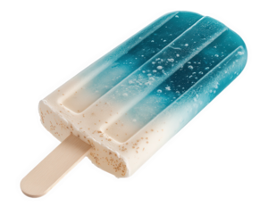 tropical beach themed popsicle with gradient of ocean colors, featuring bubbles and wooden stick, evokes refreshing summer vibe