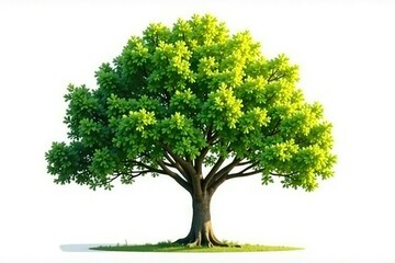 Obraz premium Tree isolated on white background with sunlight filtering through leaves, serenity, green, isolation