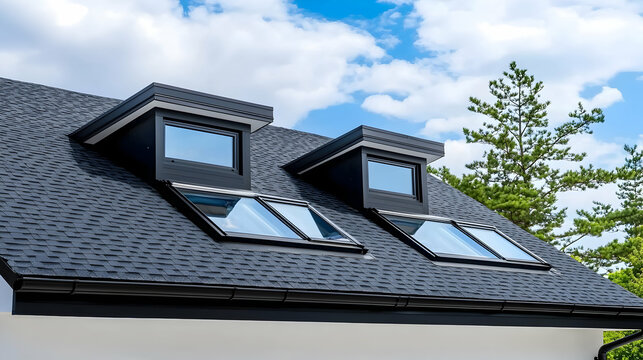 Modern house roof with skylights and dormer windows is shown