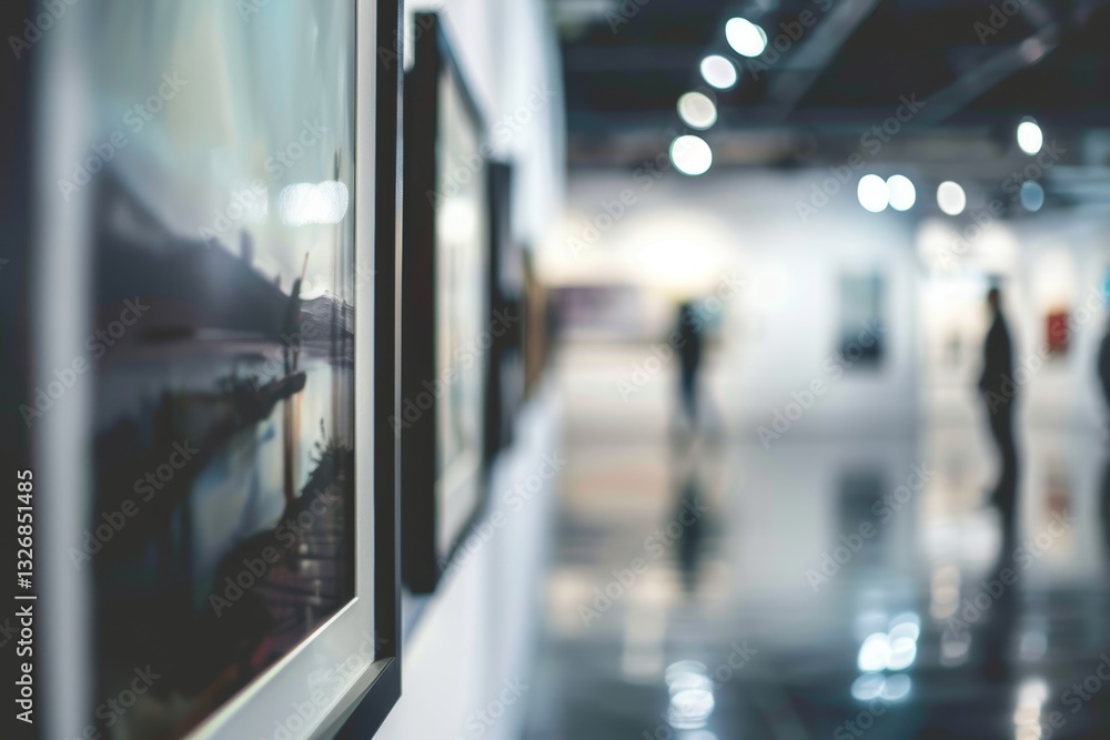 Poster modern art gallery with white walls and soft bokeh background