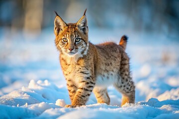 Naklejka premium Eurasian Lynx Cub Winter Wonderland: Endangered Predator on Snowy Meadow