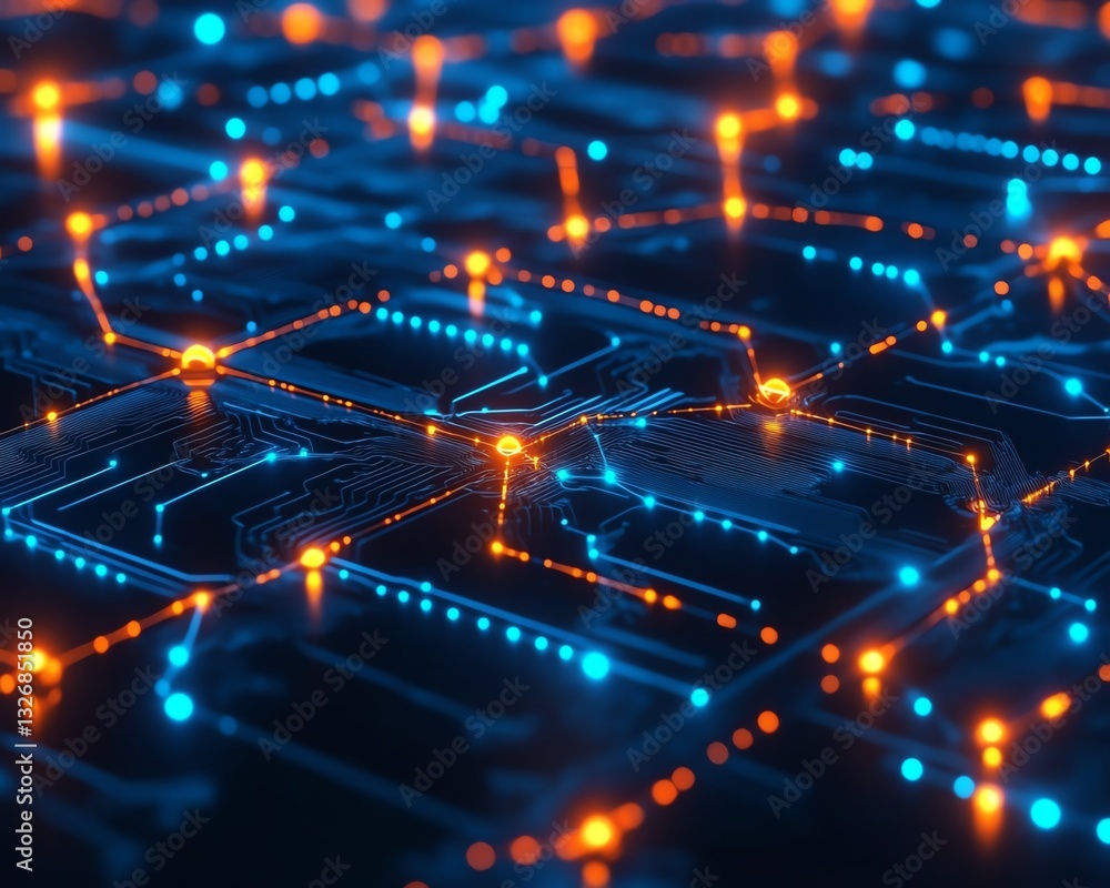 Poster digital technology background featuring interconnected circuit board pathways and glowing blue compo