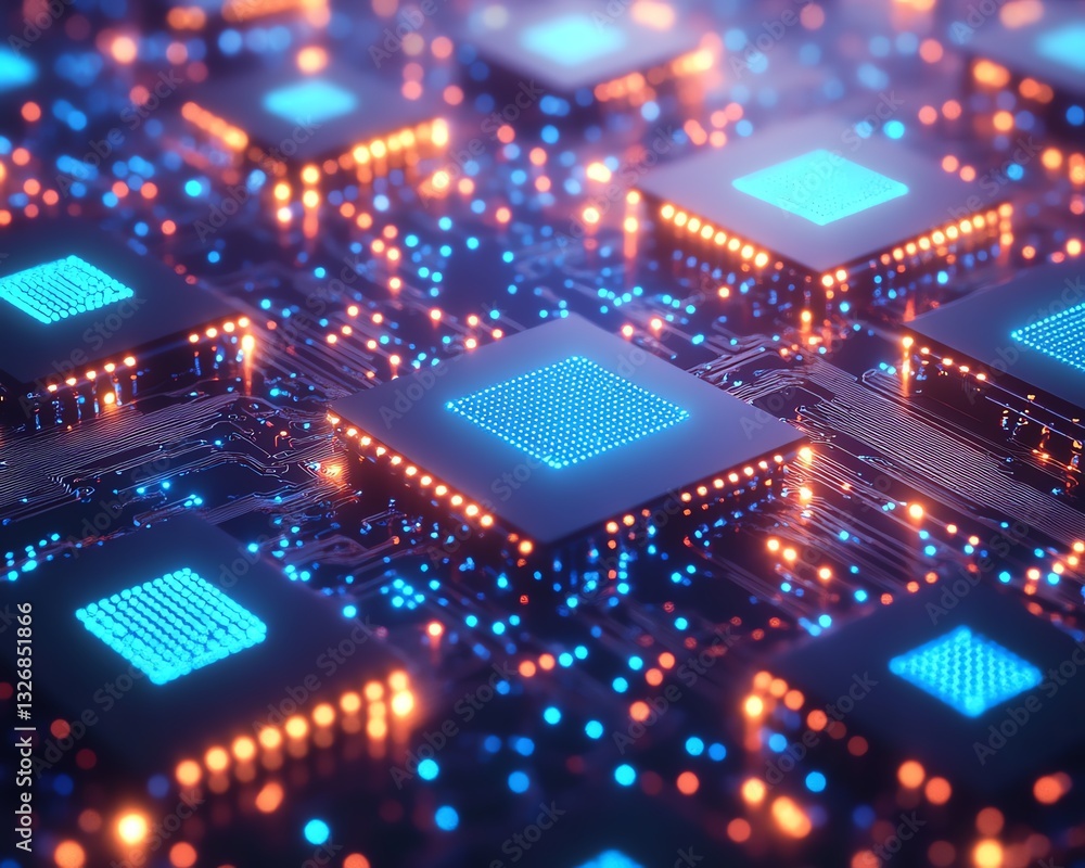 Poster digital technology background featuring interconnected circuit board pathways and glowing blue compo