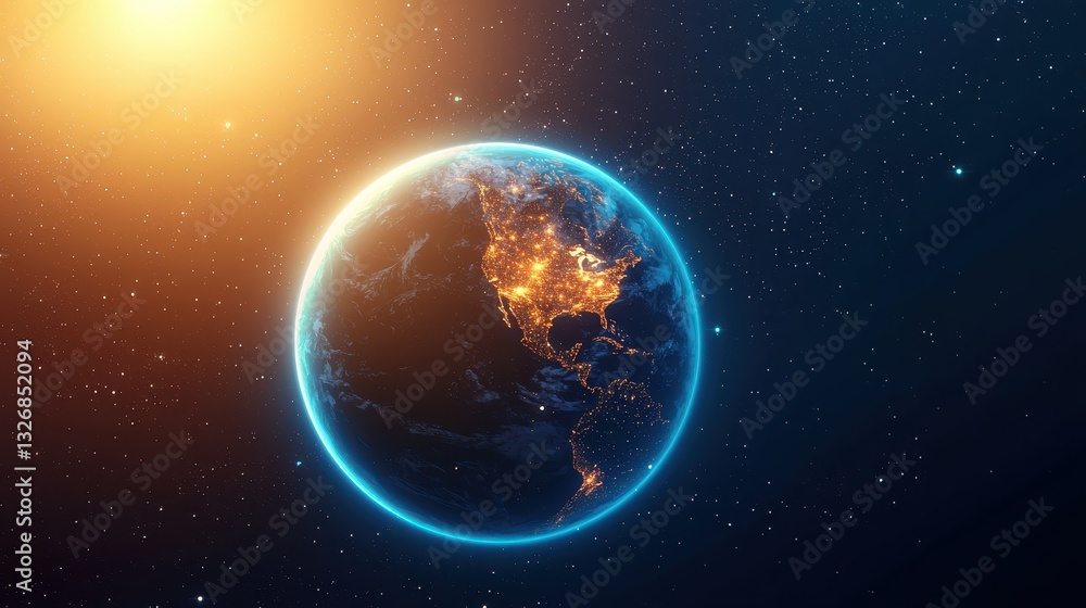 Poster the earth floating in space surrounded by stars and cosmic elements illuminated by a bright celestia