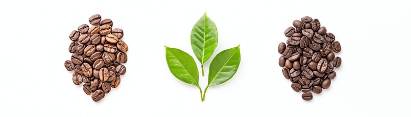 Naklejka premium Fresh coffee beans and green tea leaves arranged on a white background, showcasing the contrast between rich coffee and vibrant tea, perfect for a culinary or health-focused theme.
