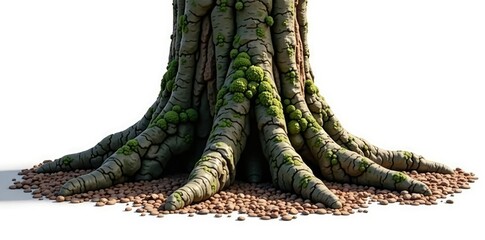 Tree trunk isolated on white background with subtle roots texture, forest floor, nature, tree