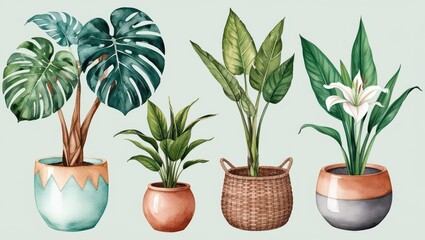 Watercolor Illustration of Tropical Houseplants in Stylish Pots Monstera Bird of Paradise and Lily