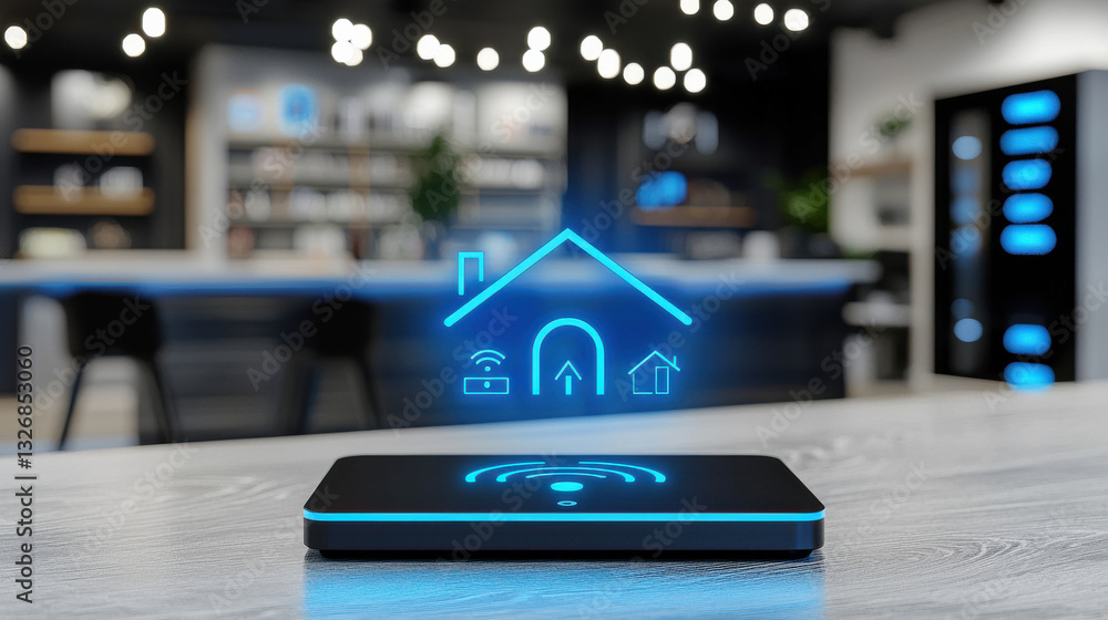 Poster smart device displaying a holographic home interface in a modern setting.