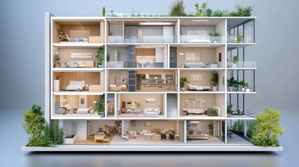 Obraz premium A sectional view of a multi-story apartment building with intelligent space utilization