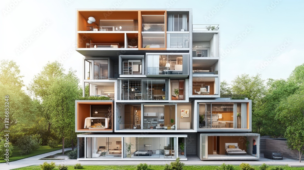 Poster a sectional view of a multi-story apartment building with intelligent space utilization