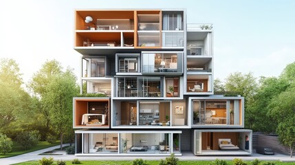 A sectional view of a multi-story apartment building with intelligent space utilization
