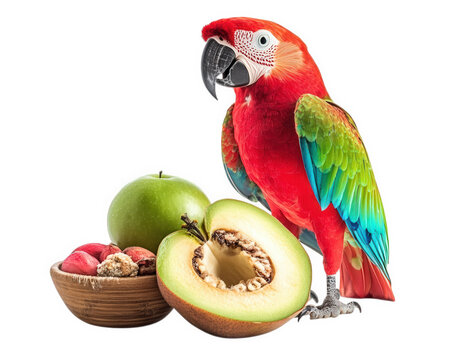 vibrant parrot stands beside bowl of assorted fruits, including green apples and melons, showcasing colorful display of nature bounty