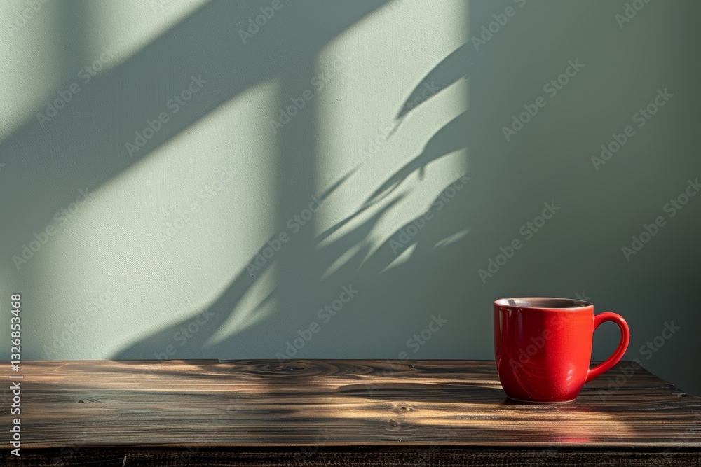 Poster modern empty desk with a simple red coffee mug and a clean minimalist background