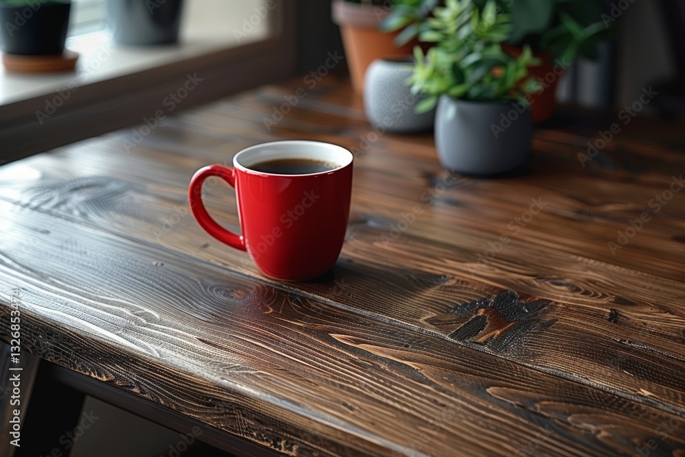 Poster modern empty desk with clean lines and red coffee mug on it