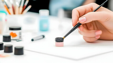 Persons hand using paintbrush and various art supplies