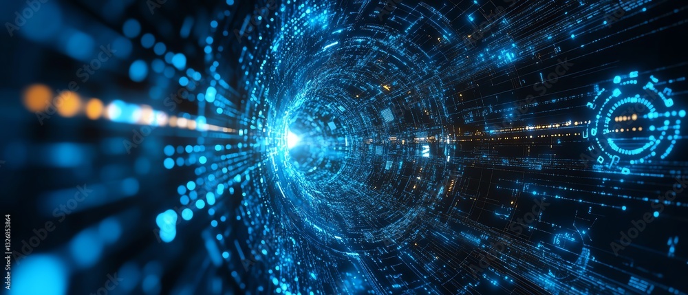 Poster abstract blue digital background with interconnected circle dots, symbolizing futuristic technology 