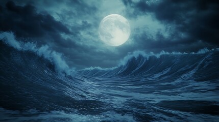 Fototapeta premium Dramatic ocean waves under a full moon amidst dark, stormy clouds.