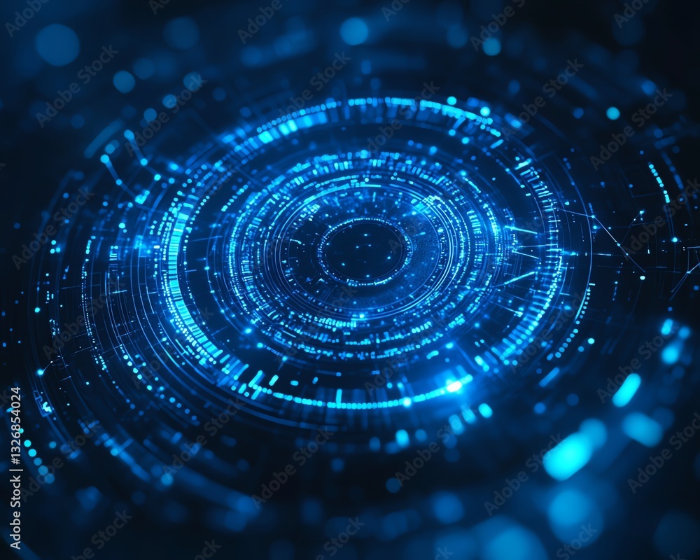 Poster abstract blue digital concept with circle dots on a hitech background, illustrating futuristic block