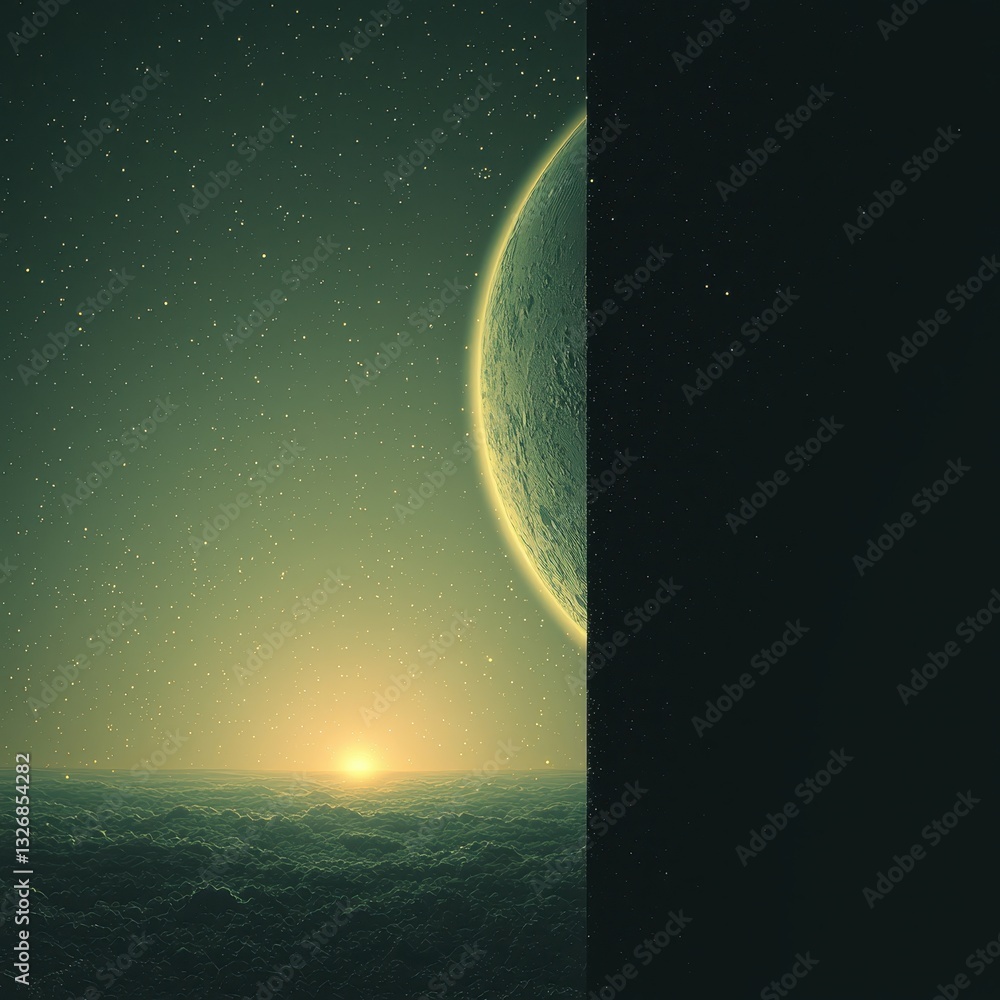 Poster enchanting design featuring a glowing planet and two moons in a minimalist celestial setting with et
