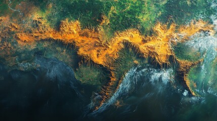 This satellite imagery showcases a vibrant representation of rugged terrain, detailing geological formations across a sprawling region.