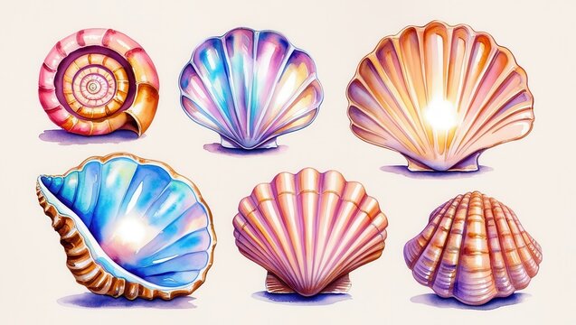 Six Vibrant Watercolor Seashells Scallops Spiral and Clam Shells Ocean Theme Illustration