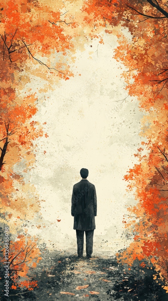 Aufkleber person walking through a lush forest emphasizing a deep connection with nature and the serenity of t