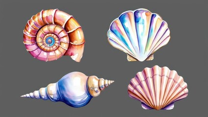 Vibrant Watercolor Seashells Nautical Collection of Ammonite Scallops and Spiral Shells