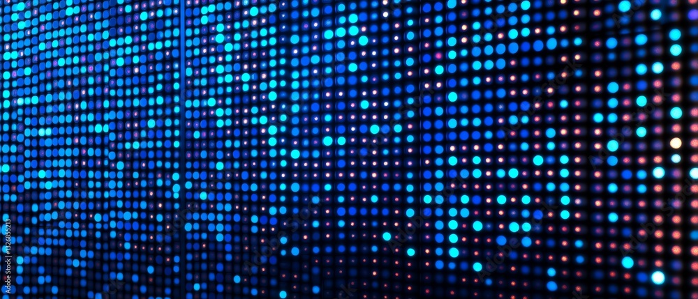 Poster blue pixel grid with a mix of bright and dark squares, creating a dynamic and sophisticated digital 