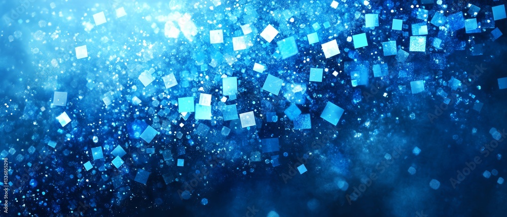 Poster blue pixel grid with a mix of bright and dark squares, creating a dynamic and sophisticated digital 