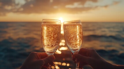 A breathtaking seaside dinner, two hands making a toast with crystal-clear champagne glasses, golden sunlight reflecting in the wine. The background features a softly blurred ocean horizon at sunset,