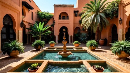 Fototapeta premium Lush plants surrounding tranquil water feature in moroccan courtyard