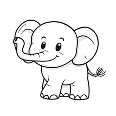 Naklejka premium A cheerful baby elephant, playfully lifting its trunk, smiles brightly against a stark white background. Its cartoonish features exude joy and innocence.