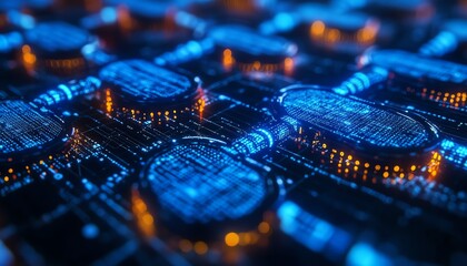 Fototapeta premium Futuristic blue background with interconnected circle dots, showcasing abstract technology concepts, blockchain innovation, and big data digital networks