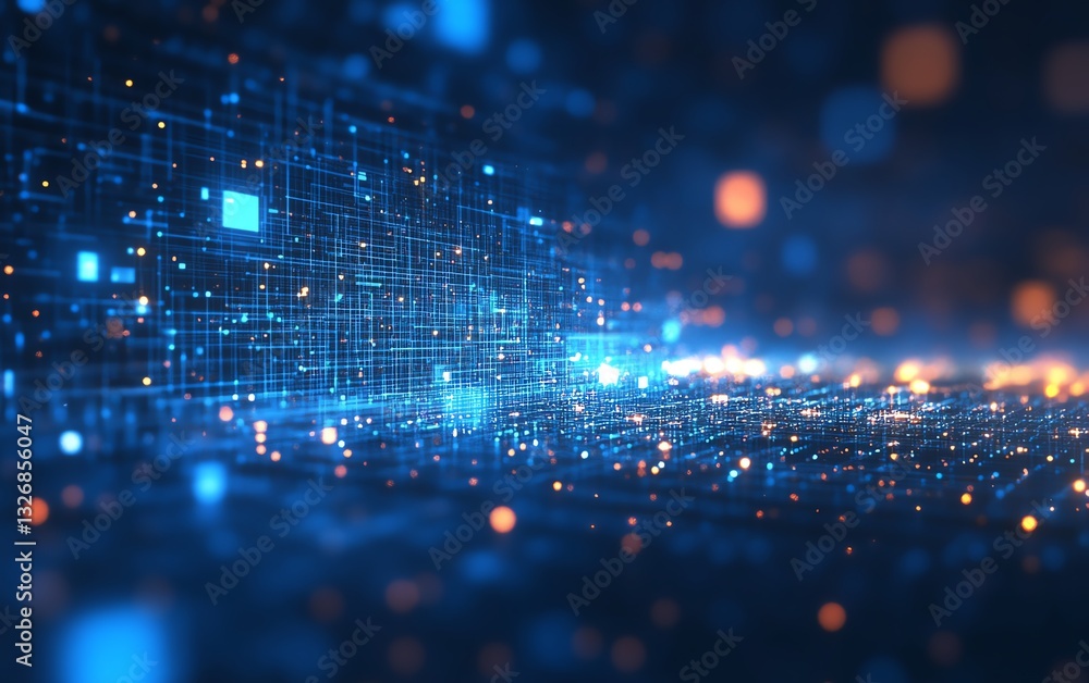 Poster futuristic blue pixel grid with alternating bright and dark squares, representing a sophisticated di